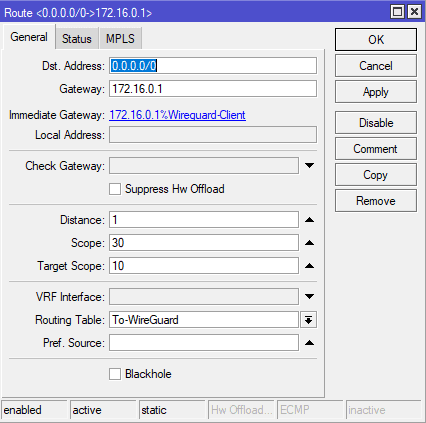 Cloudflare Warp в MikroTik, добавить статический маршрут для интернета через WireGuard