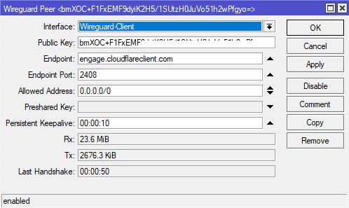Cloudflare Warp в MikroTik, настройка параметров peer в WireGuard клиенте