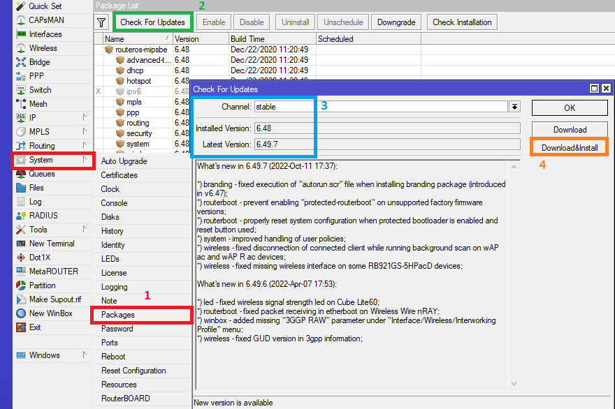 Как обновить прошивку MikroTik Routes OS 6.49.7