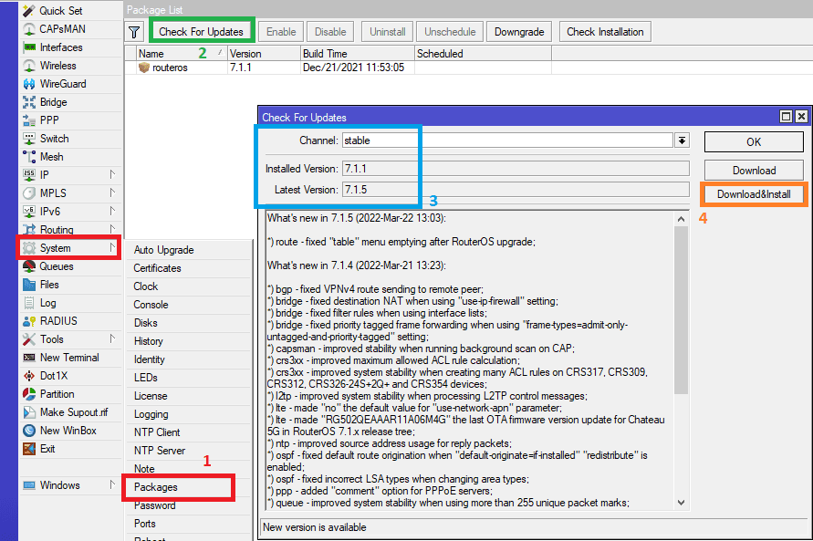 Как обновить прошивку MikroTik Routes OS 7.1.5