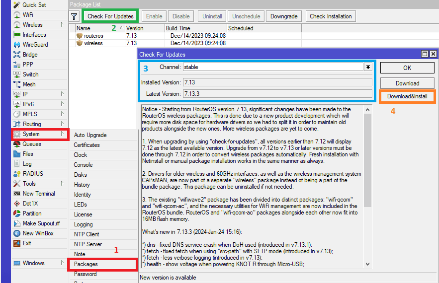 Как обновить прошивку MikroTik Routes OS 7.13.3