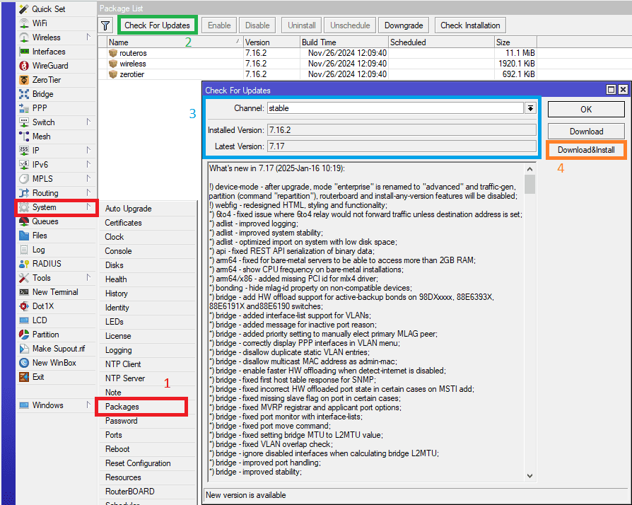 Как обновить прошивку MikroTik Routes OS 7.17