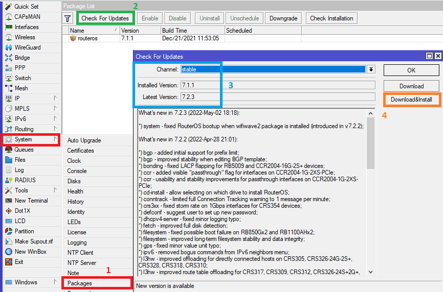 Как обновить прошивку MikroTik Routes OS 7.2.3