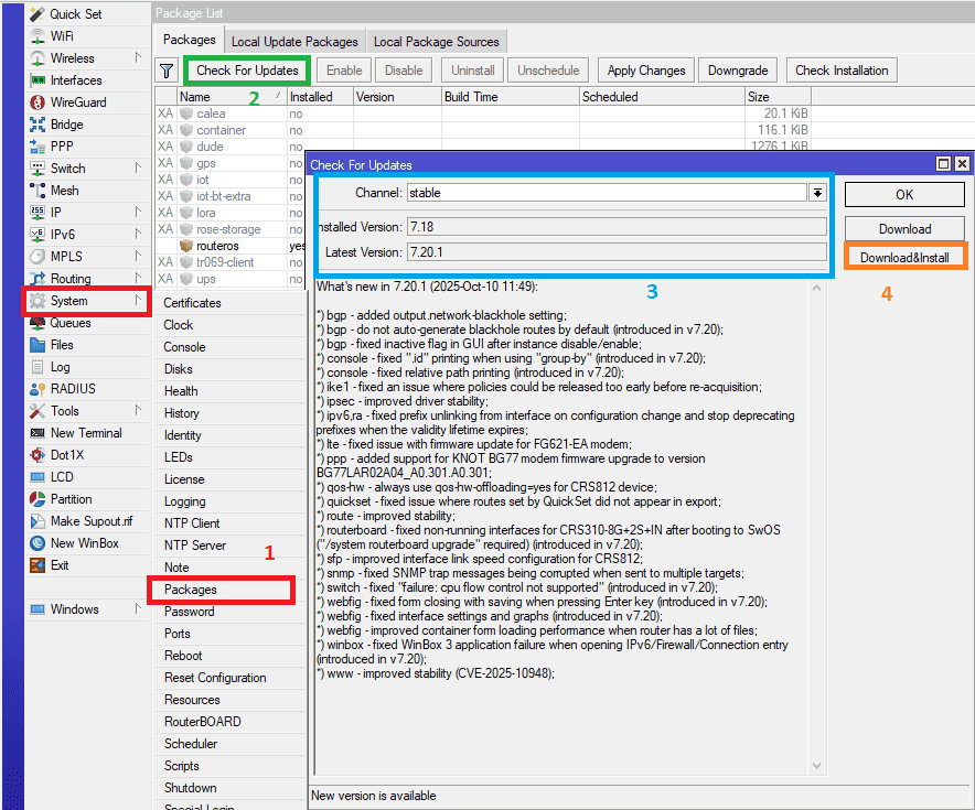 Как обновить прошивку MikroTik Routes OS 7.20.1