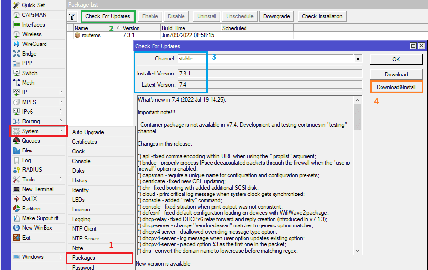 Как обновить прошивку MikroTik Routes OS 7.4