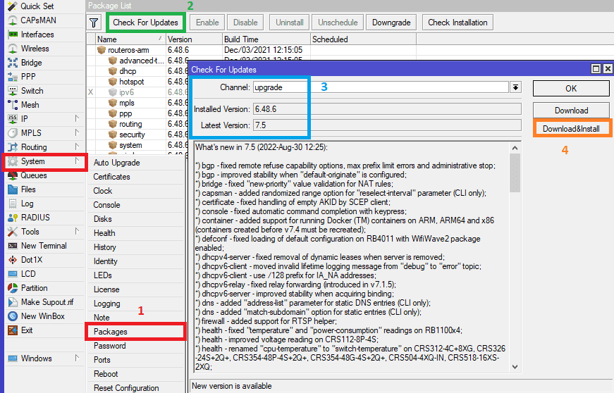 Как обновить прошивку MikroTik Routes OS 7.5