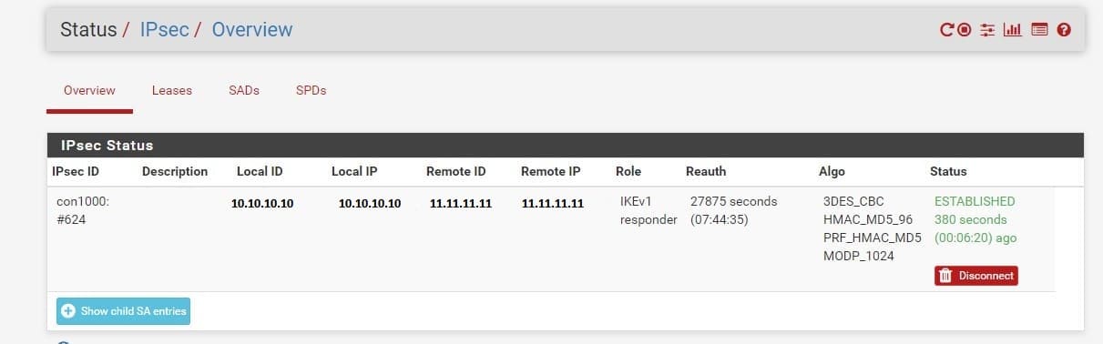 MikroTik и Pfsense, статус VPN IpSec туннеля