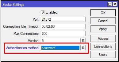 Настойка Socks5 в MIkroTik, изменить метод авторизации на password