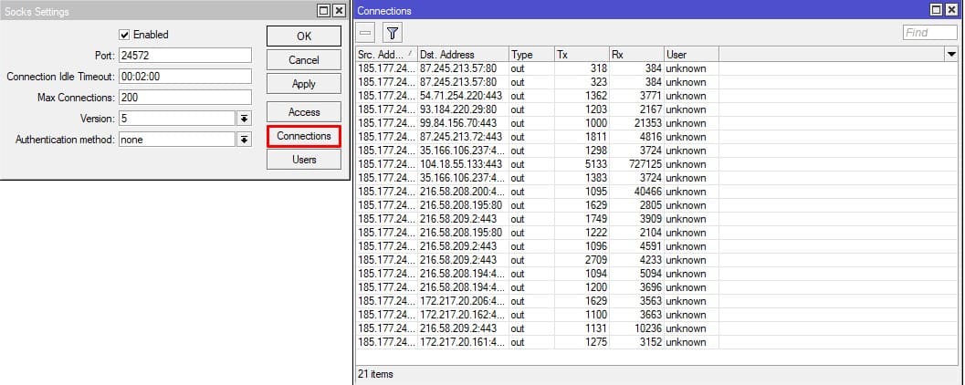 Настойка Socks5 в MIkroTik, раздел Connections