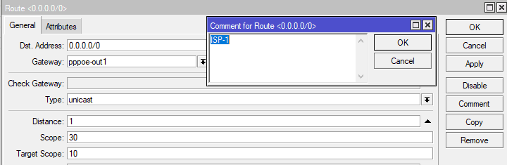 Настройка 2 провайдеров в MikroTik, добавить комметарий для pppoe