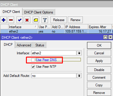 Настройка 2 провайдеров в MikroTik, отключить DNS для dhcp client