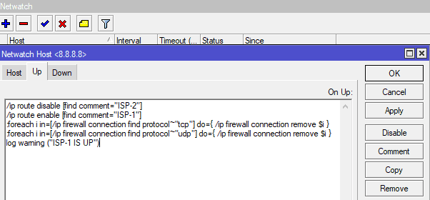 Настройка 2 провайдеров в MikroTik, скрипт при статусе интернета UP