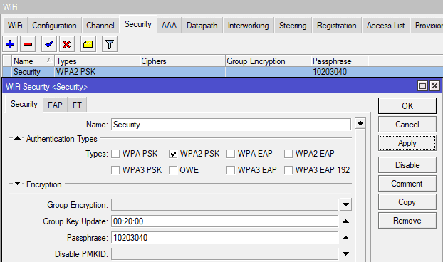 Настройка CAPsMAN для MikroTik AX, добавить пароль на WiFi