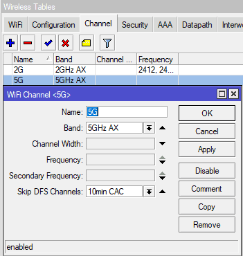 Настройка CAPsMAN для MikroTik AX, раздел Channel для 5G