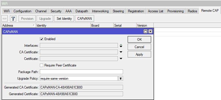 Настройка CAPsMAN для MikroTik AX, включить контроллер