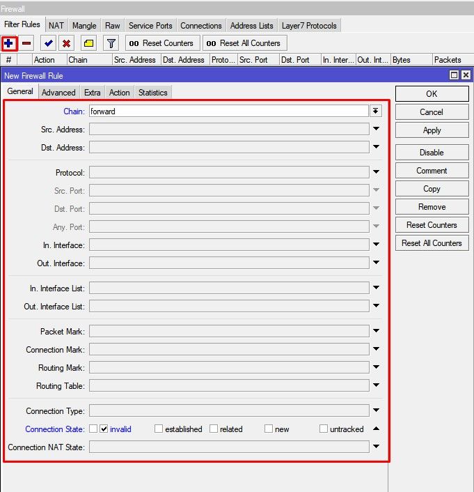 Настройка FireWall на MikroTik, правило drop forward invalid
