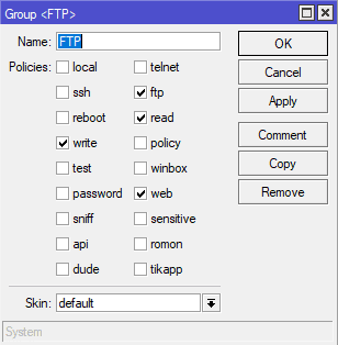 Настройка FTP MikroTik, добавить группу доступа