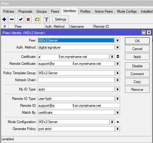 Настройка IKEv2 MikroTik, Ipsec Identity