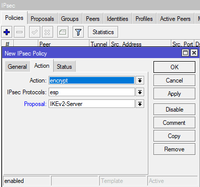 Настройка IKEv2 MikroTik, Ipsec Policy action