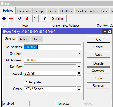 Настройка IKEv2 MikroTik, Ipsec Policy general