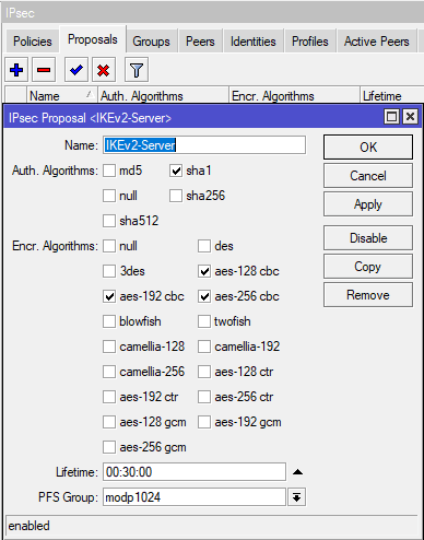 Настройка IKEv2 MikroTik, Ipsec Proposal