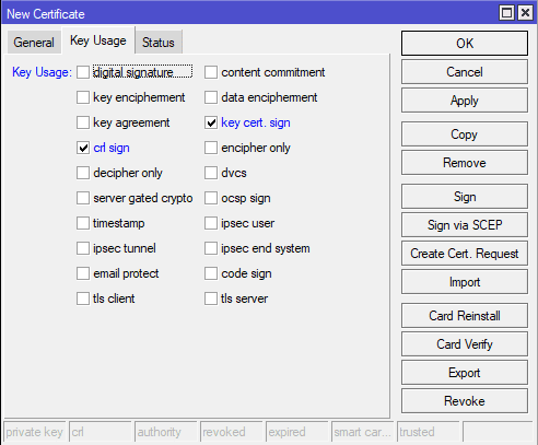 Настройка IKEv2 MikroTik, определение Key Usage для CA