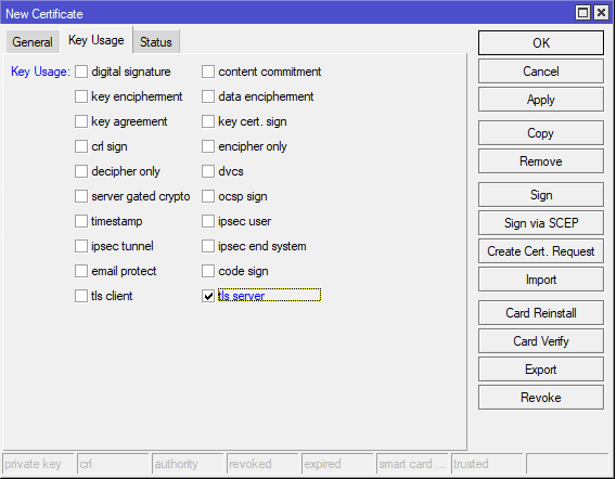Настройка IKEv2 MikroTik, определение Key Usage для сервера VPN