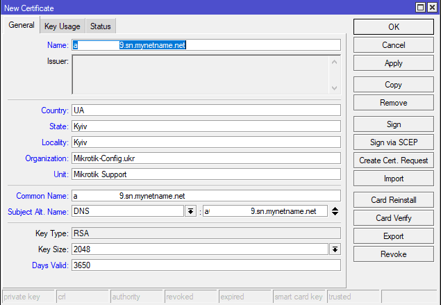 Настройка IKEv2 MikroTik, создание сертификата для сервера VPN