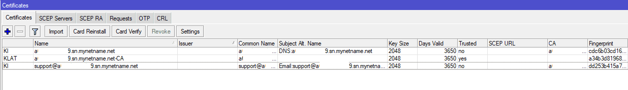 Настройка IKEv2 MikroTik, список сертификатов IKEv2