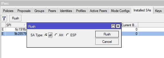 Настройка IpSec в MikroTik, очистить соответствующие ключи IpSec SA