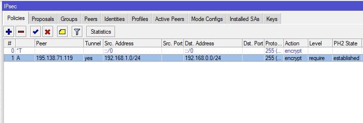 Настройка IpSec в MikroTik, проконтролировать статус IpSec туннеля