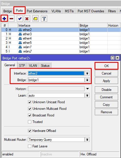 Настройка MikroTik, добавить порт в Bridge