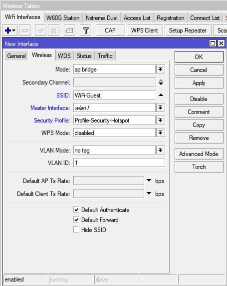 Настройка MikroTik Hotspot, создание виртуального wlan 2,4ГГц