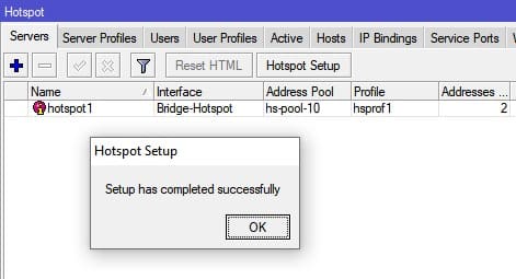 Настройка MikroTik Hotspot, успешное завершение работы мастера по установке Hotspot