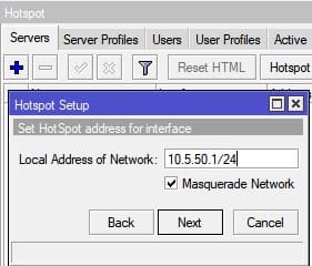 Настройка MikroTik Hotspot, задать IP адрес интерфейса Hotspot, а также добавить правило masquerade