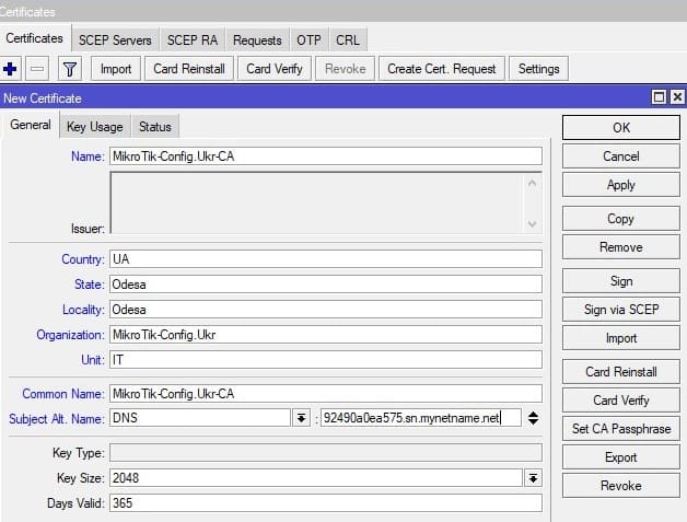 Настройка MikroTik IKEv2, cоздание SSL сертификата для CA