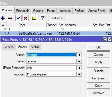 Настройка MikroTik IKEv2, Добавление IpSec Policy Action для VPN клиента
