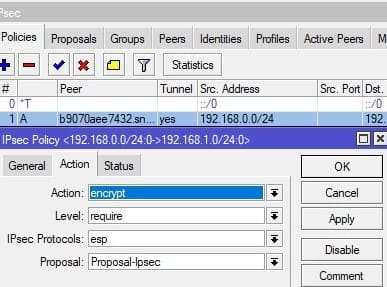 Настройка MikroTik IKEv2, добавление IpSec Policy Action