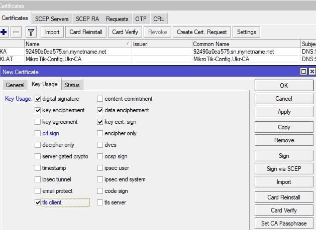 Настройка MikroTik IKEv2, указать возможность использовать этот сертификат в качестве клиентского