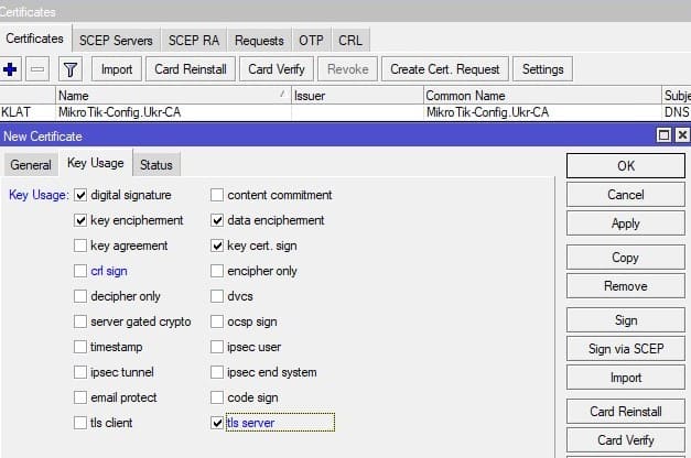 Настройка MikroTik IKEv2, указать возможность использовать этот сертификат в качестве серверного