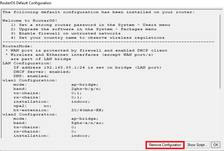 Настройка MikroTik, полное удаление конфигурации