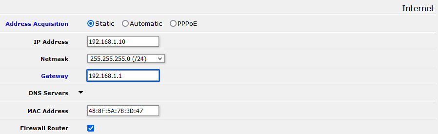 Настройка MikroTik, Quick Set статический IP адрес