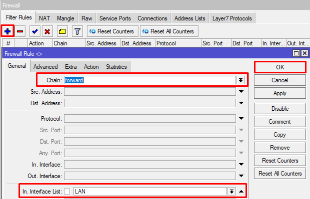 Настройка MikroTik, разрешить трафик forward для LAN