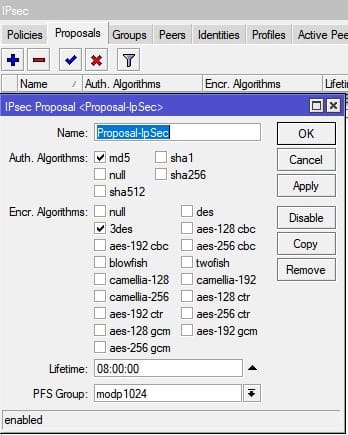 Настройка MikroTik VPN IpSec, настройка параметров Proposal IpSec phase-2