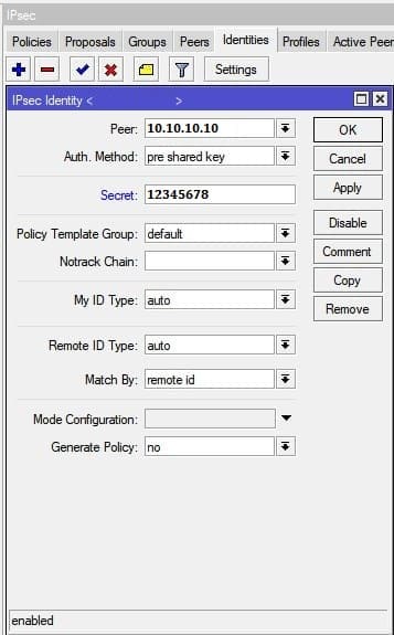 Настройка MikroTik VPN IpSec, определение ключа IpSec phase-1