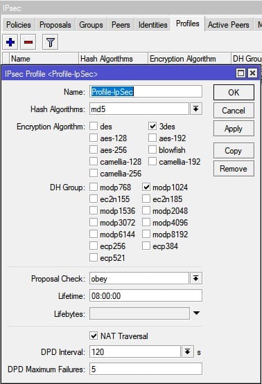 Настройка MikroTik VPN IpSec, создание профиля для IpSec phase-1