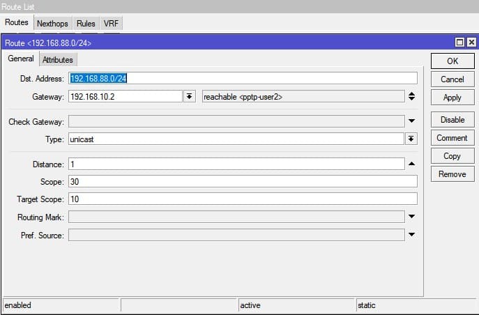 Настройка MikroTik VPN сервер PPTP, добавление статического маршрута на сервере