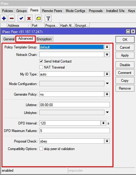 Настройка Mikrotik winbox, ipsec peers Advanced