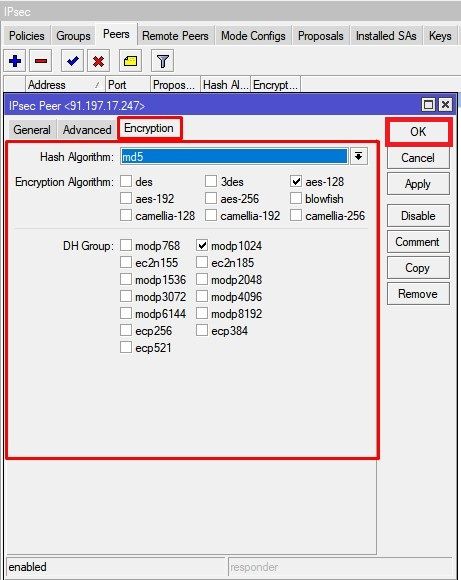 Настройка Mikrotik winbox, ipsec peers encryption