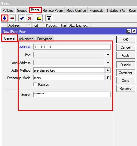 Настройка Mikrotik winbox, ipsec peers general